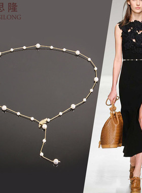 梦思隆贝珠腰链女珍珠细腰带配连衣裙子皮草毛衣链小香风水钻装饰