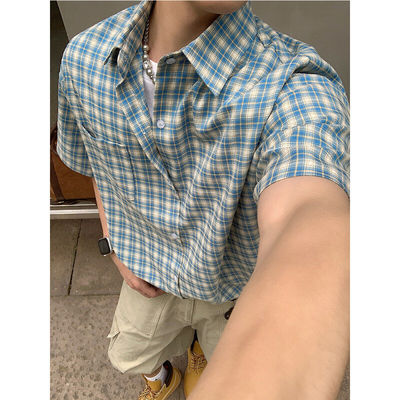 美式复古短袖格子衬衣男款夏季干净阳光男生穿搭宽松半袖衬衫上衣