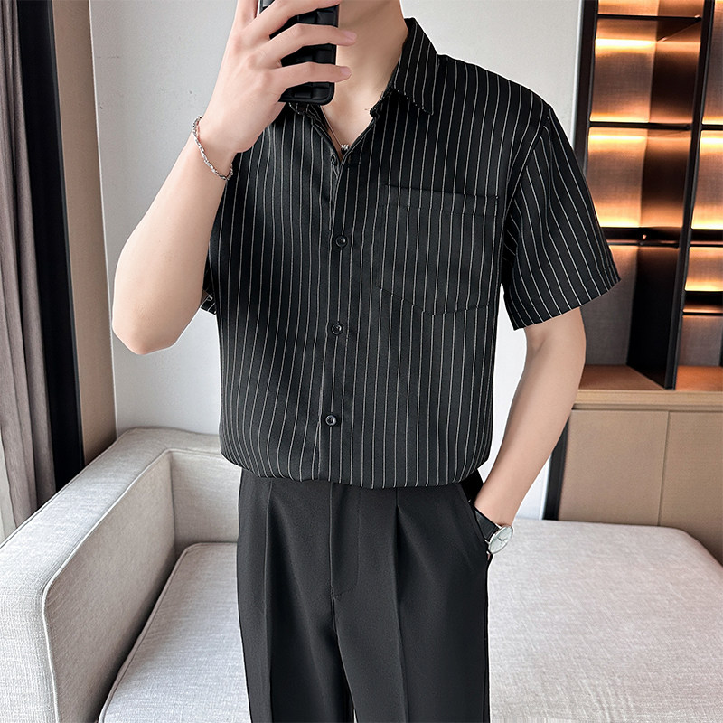 夏季冰丝短袖衬衫男条纹薄款速干黑色夏天寸衫外套高级感休闲上衣
