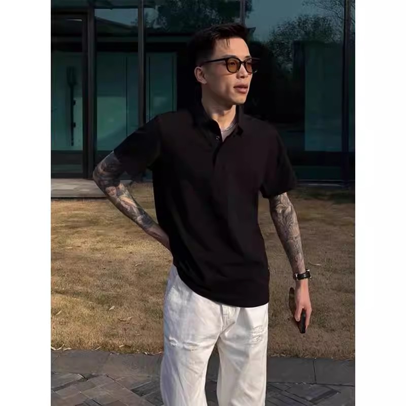 雅痞高级感黑色正肩短袖t恤男士夏季薄款商务通勤凉感半袖polo衫