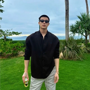 黑色防晒亚麻衬衫男款长袖夏季老钱风松弛感休闲衬衣透气薄款外套