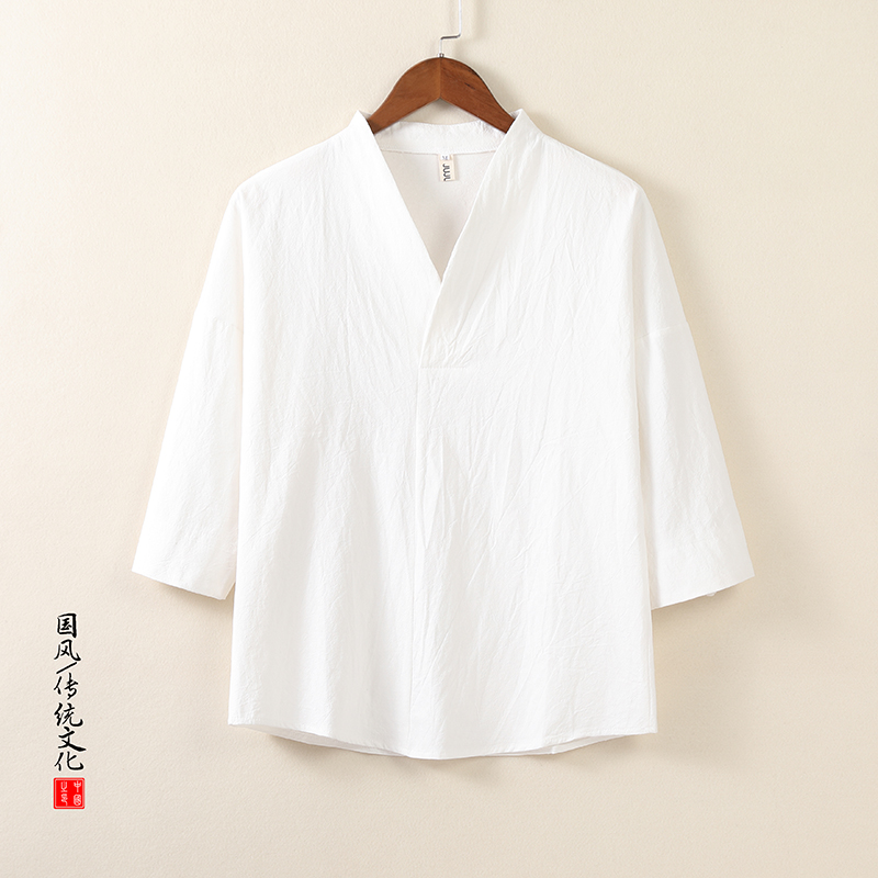 夏季新款男士七分袖亚麻衬衫宽松薄款透气纯色棉麻衬衣男白色柔软