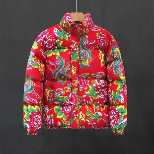 潮红色褂子东北大花羽绒服男个性 复古花纹印花保暖花色面包服外套