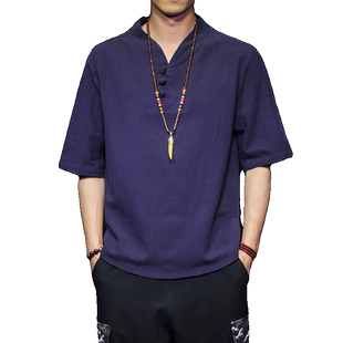 亚麻t恤男款夏季新中式短袖潮牌中国风男装棉麻半袖大码唐装上衣