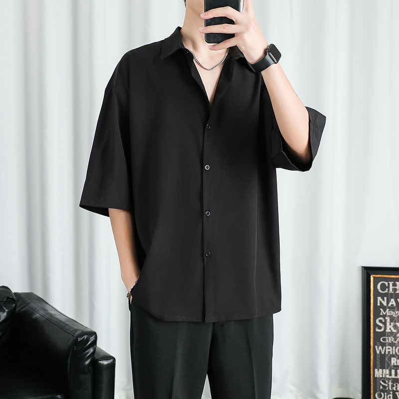 冰丝短袖衬衫男士外套夏季薄款潮流牌宽松上衣夏天休闲长袖衬衣服