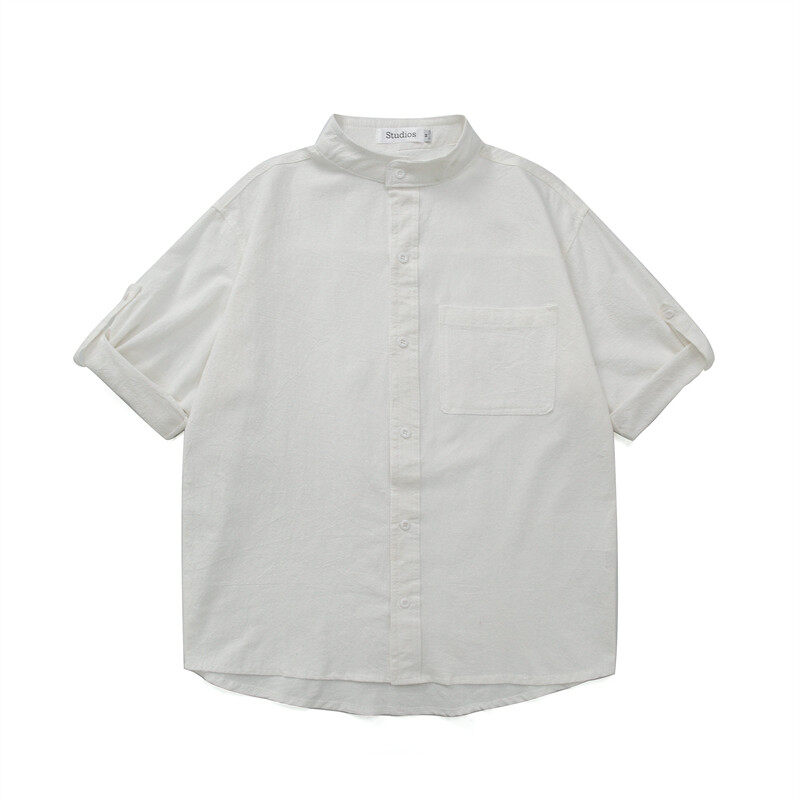 亚麻衬衫男长袖春秋季2025新款美式棉麻衬衣纯白色翻领工装外套男