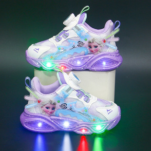 晋江女童鞋带灯运动鞋单网亮晶晶2024早秋透气新款跑步鞋卡通公主