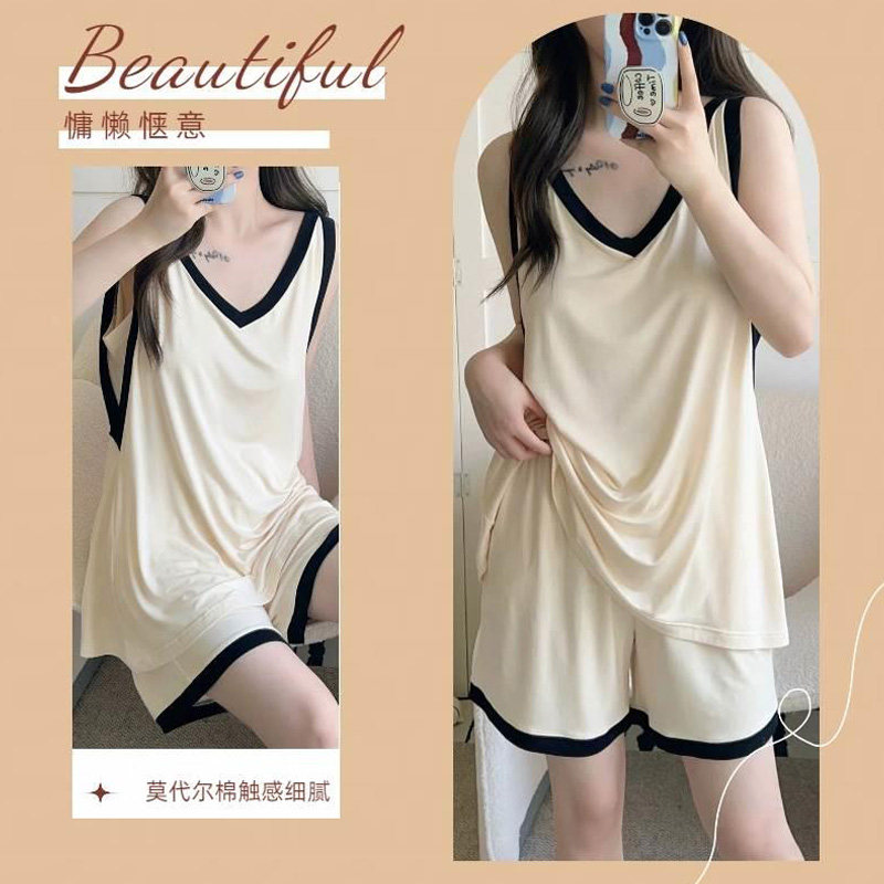 莫代尔睡衣女夏季欧货新款无袖背心短裤套装带胸垫宽松休闲居家服