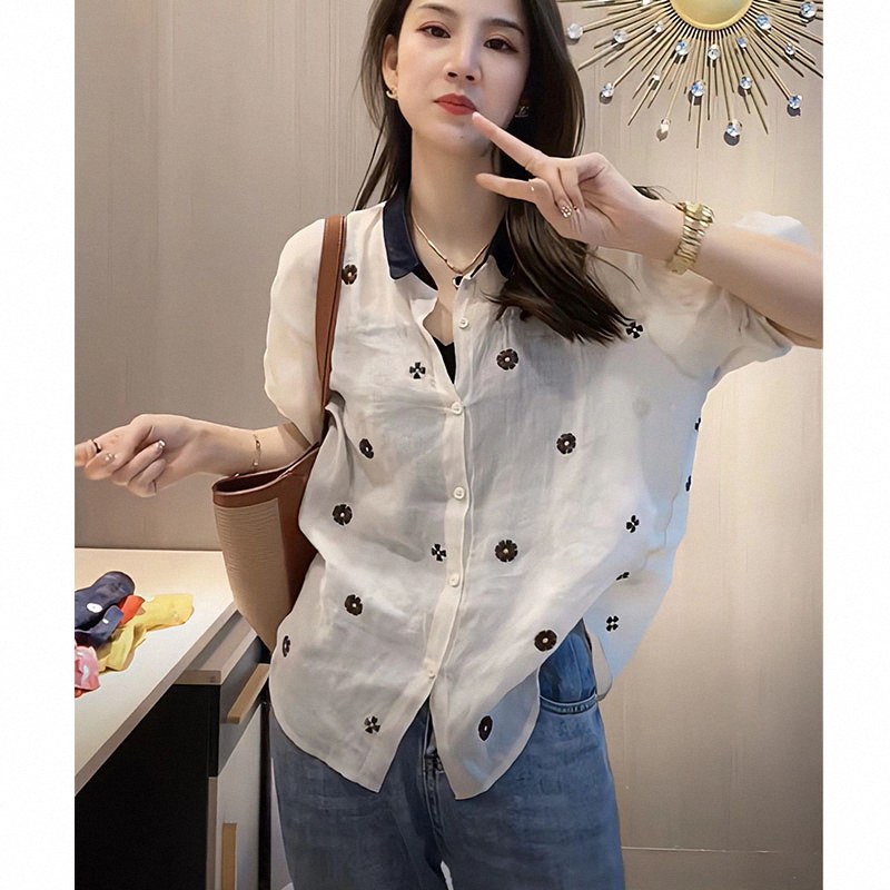 半袖衬衫女雪纺衫夏秋季欧货上衣宽松小个子撞色开衫短袖防晒衬衫