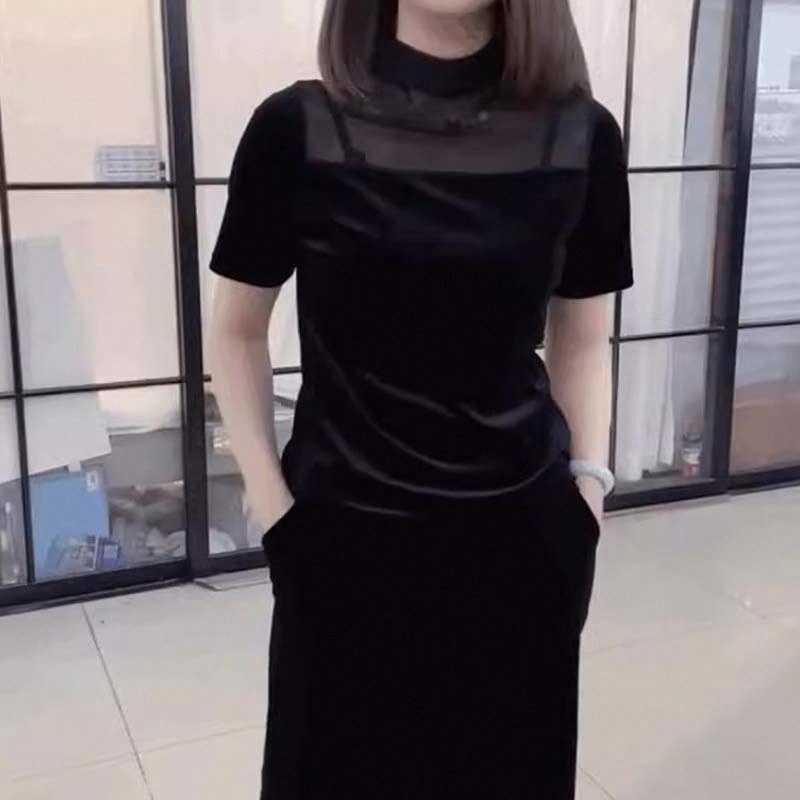 新品金丝绒上衣女春秋欧货时尚修身网纱拼接打底衫气质丝绒短袖t