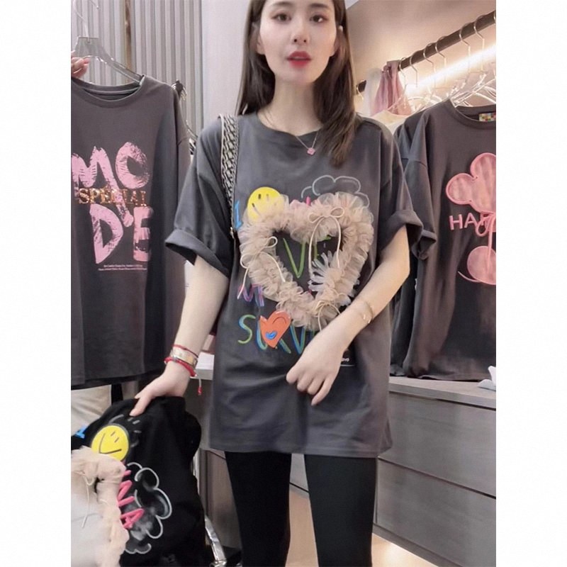 蕾丝拼接爱心T恤女夏欧货重工立体设计感印花中长版圆领短袖上衣