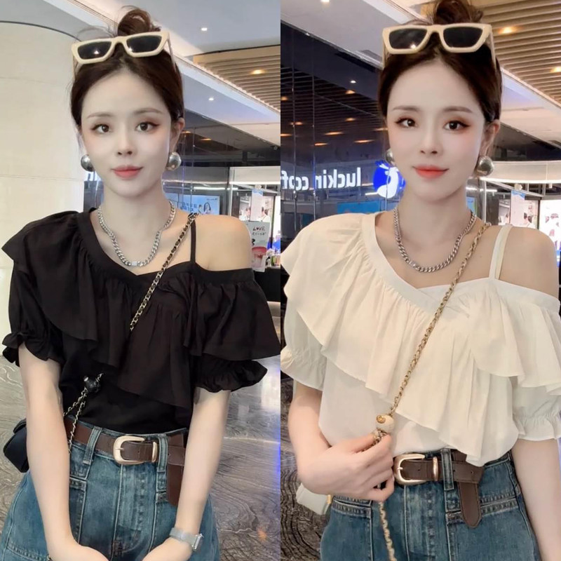 荷叶边漏锁骨一字肩衬衫女夏季欧货甜美减龄漂亮小衫性感露肩上衣