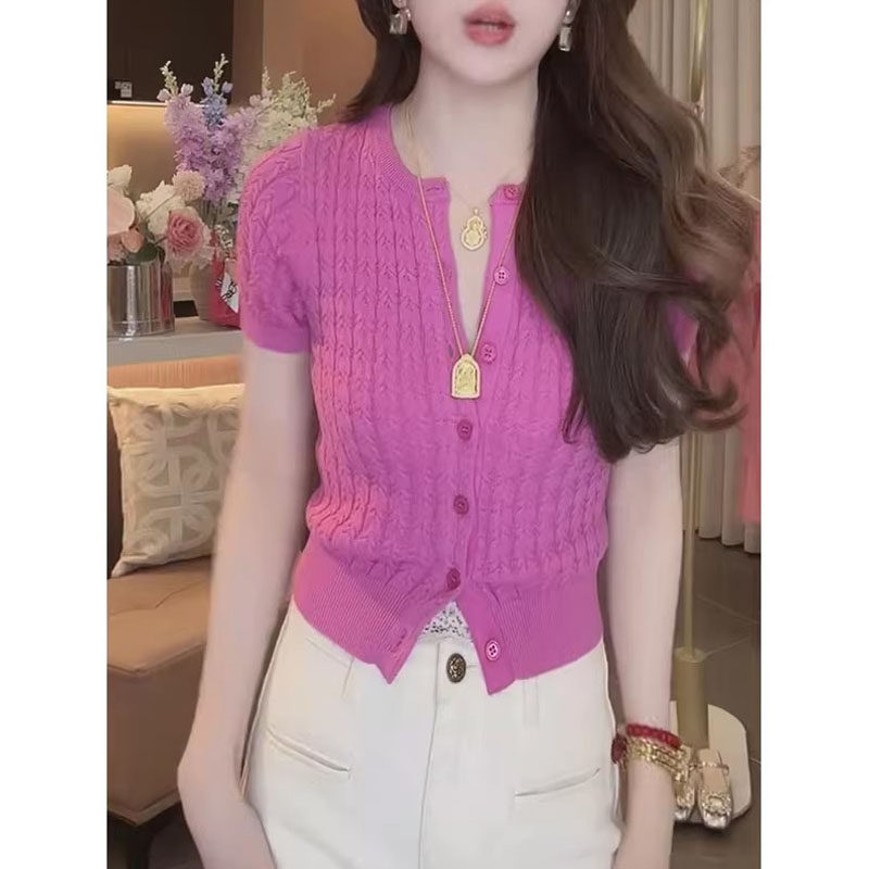 玫粉色麻花针织开衫女夏季2026欧货短款正肩短袖t恤修身显瘦上衣