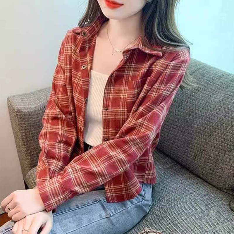 推荐复古磨毛格子衬衫女装2026新款秋季穿搭高级感宽松小个子衬衣