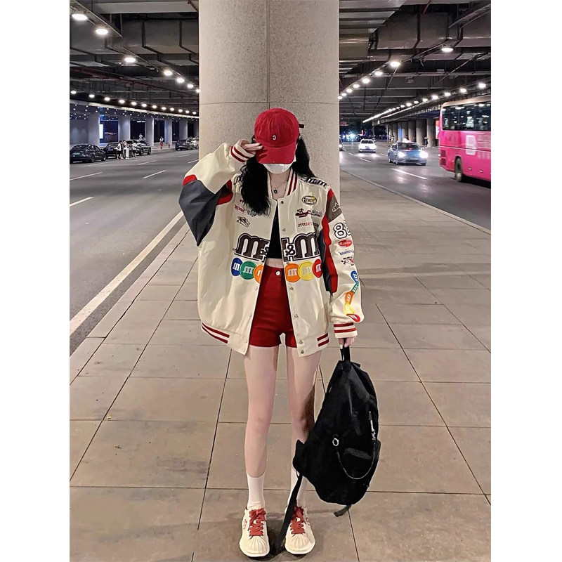 潮牌m豆棒球外套女春秋欧货新款情侣机车服刺绣拼接国潮高街夹克