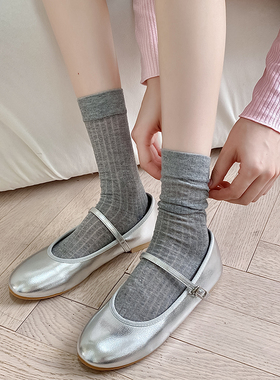 灰色竖条袜子女春夏薄款ins潮miu风走秀款配玛丽珍鞋jk日系堆堆袜