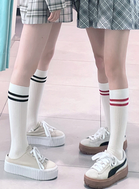 白色小腿袜子女ins潮二杠条纹长筒袜纯棉春秋日系学院风jk及膝袜