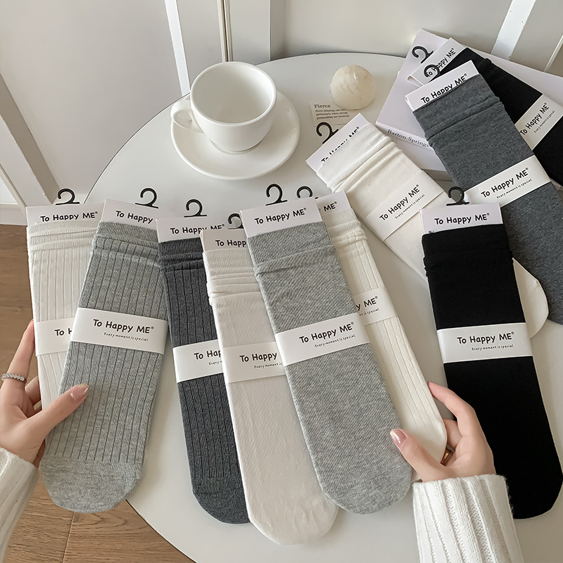 纯色系miu风竖条纯棉堆堆袜