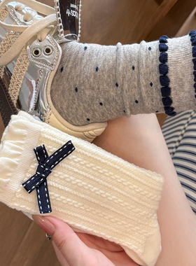 蝴蝶结袜子女中筒袜春秋款纯棉ins潮流日系JK复古波点长筒堆堆袜