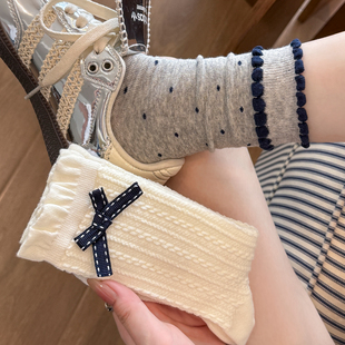 蝴蝶结袜子女中筒袜春秋款 纯棉ins潮流日系JK复古波点长筒堆堆袜