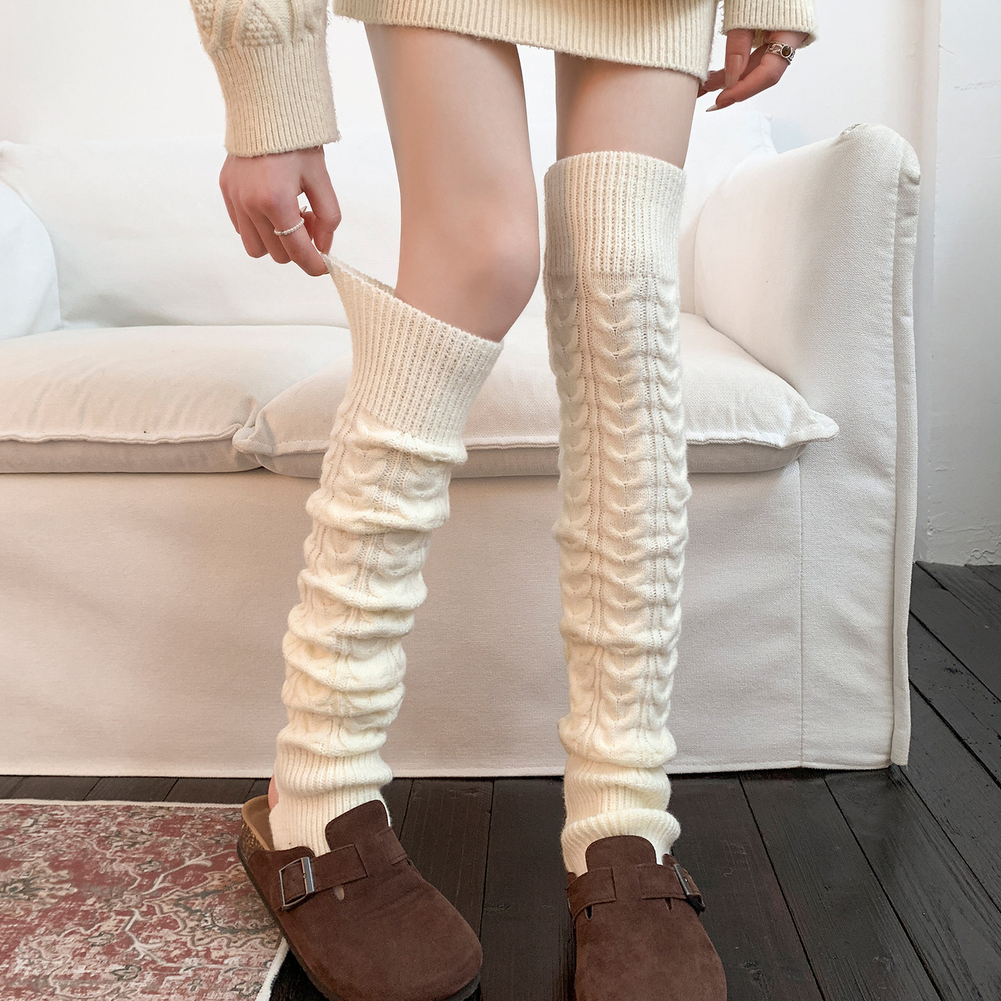 白色过膝袜套袜子女秋冬季加厚保暖踩脚瑜伽长筒袜针织麻花毛线袜,女士内衣/男士内衣/家居服,长筒袜,淘宝优惠券,粉丝福利购,淘宝优惠卷