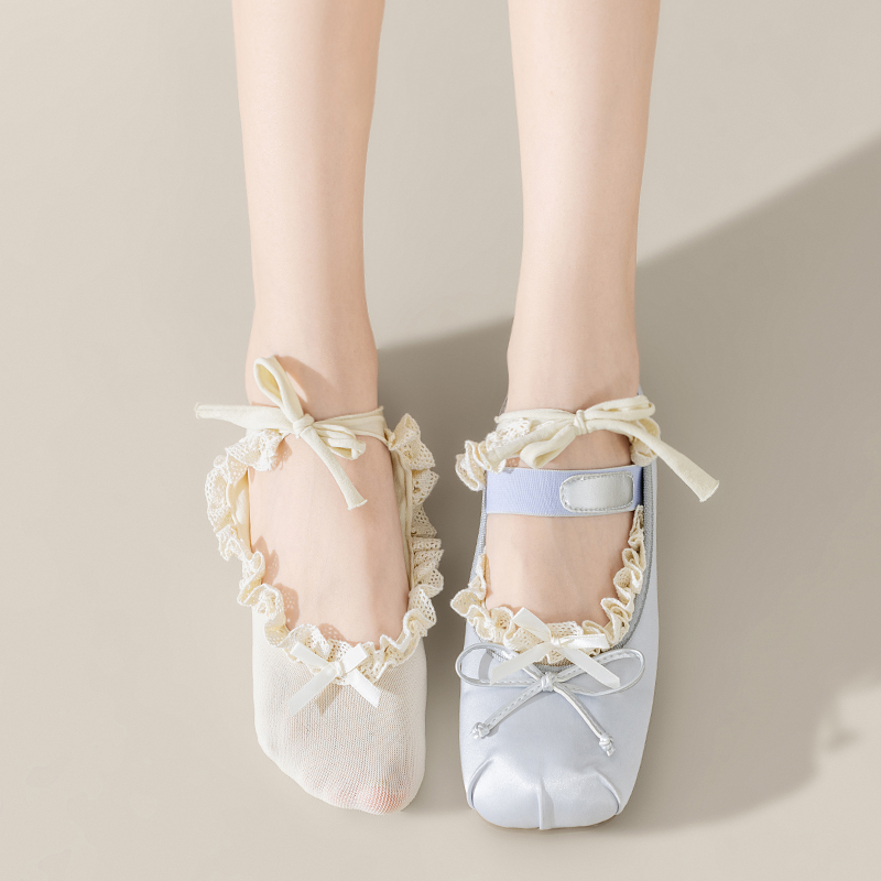 蕾丝绑带船袜蝴蝶结花边日系浅口短袜夏季薄芭蕾风配小皮鞋隐形袜