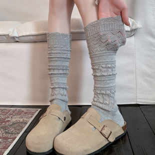 长筒靴袜 日系镂空堆堆袜配勃肯鞋 灰色花边小腿袜子女春秋夏季 薄款