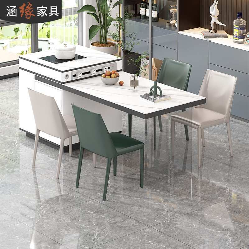 轻奢岩板悬浮岛台餐桌一体吧台家用伸缩饭桌简约厨房料理台7E3-2