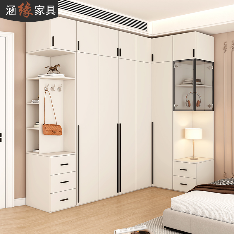 奶油风转角衣柜家用卧室墙角柜小户型L型拐角衣橱衣帽柜组合7A30