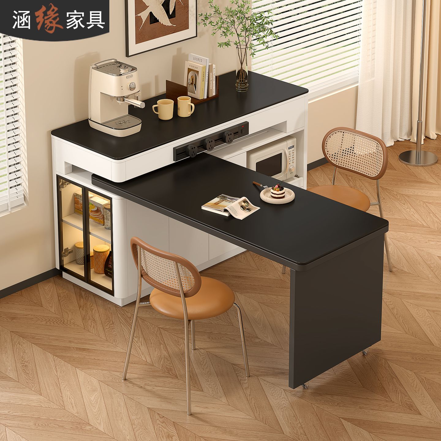 岩板岛台餐桌一体家用可伸缩旋转