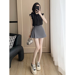 套装 洋气减龄黑色烫钻短袖 淑女气质时尚 女夏季 百搭两件套 衬衫 裙裤