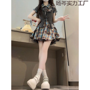 辣妹套装 学院风POLO领格纹连衣裙女显瘦灰色针织开衫 上衣夏季 新款