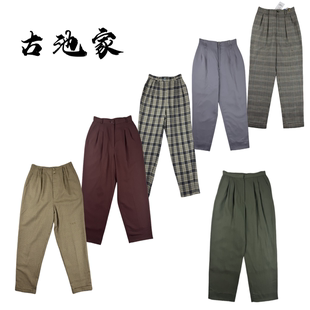 vintage古着裤子日系原单森女彩色格子加厚毛呢宽松高腰萝卜女裤3