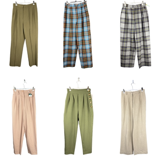 vintage古着裤子日系原单女彩色格子加厚毛呢宽松高腰萝卜女裤11