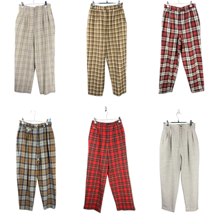 vintage古着裤子日系原单女彩色格子加厚毛呢宽松高腰萝卜女裤21