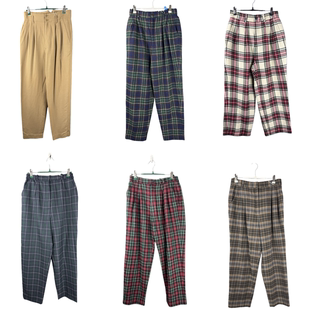 vintage古着裤子日系原单女彩色格子加厚毛呢高腰萝卜女裤腰66-74