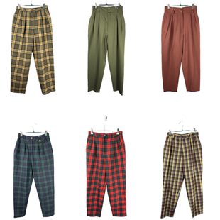 vintage古着裤子日系原单女彩色格子加厚毛呢高腰萝卜女裤腰66-70