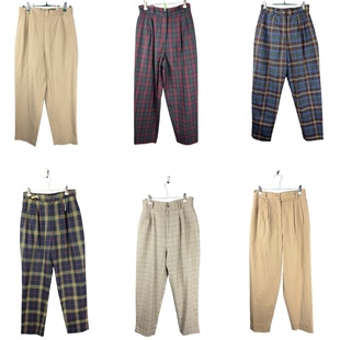vintage古着裤子日系原单女彩色格子加厚毛呢宽松高腰萝卜女裤16