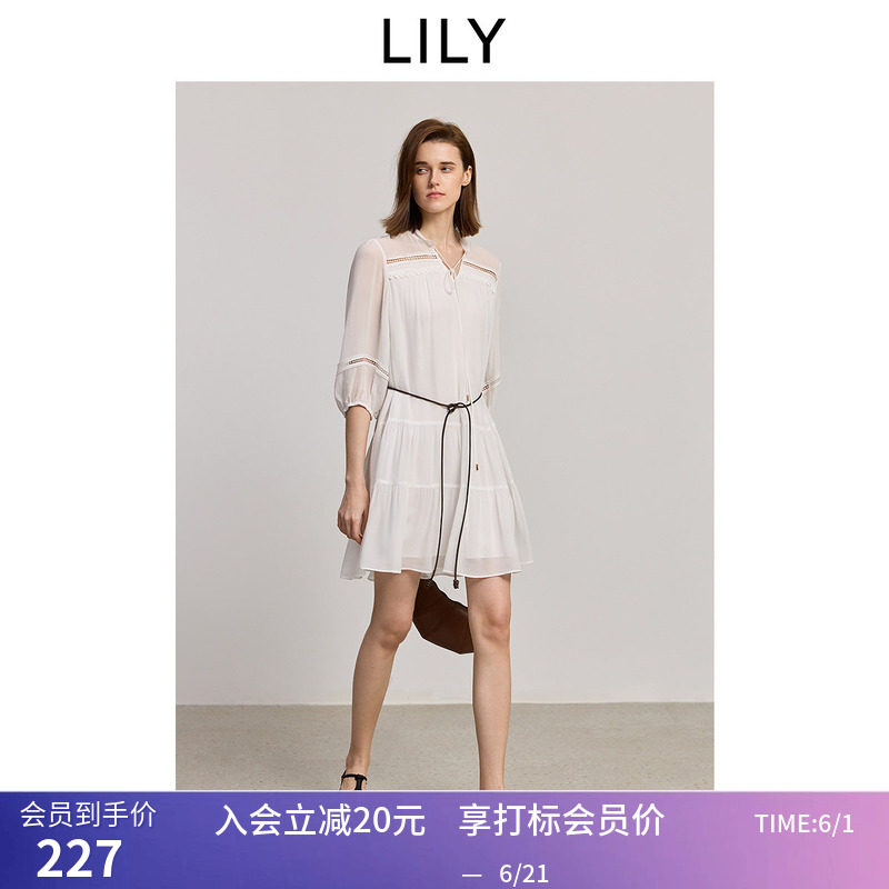 【商场同款】LILY夏新款法式圆领镂空蕾丝A字裙白色连衣裙女