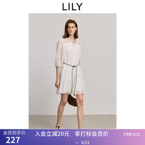 【商场同款】LILY夏新款法式圆领镂空蕾丝A字裙白色连衣裙女