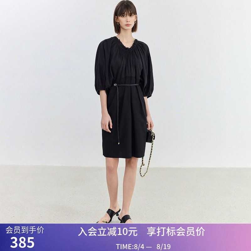 【商场同款】LILY夏新款女装桑蚕丝真丝七分袖连衣裙小黑裙女