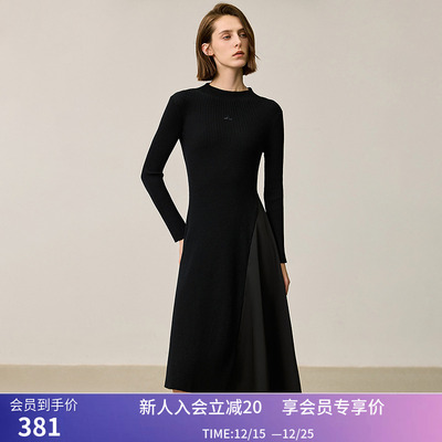 LILY冬新款女装设计感缎面拼接不规则下摆半高领连衣裙小黑裙