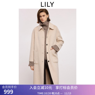 羊毛LILY冬新款简约翻领宽松通勤浅色毛呢大衣外套女长款