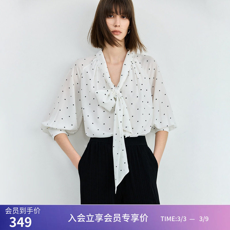 LILY夏新款女装气质优雅印花通勤温柔七分袖灯笼袖衬衫雪纺衫 - LILY折扣官方店出品