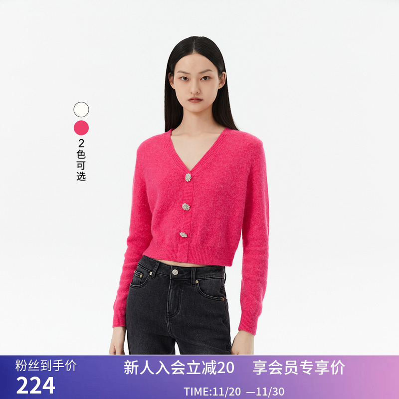 【商场同款】LILY冬新款女装绵羊毛含羊驼毛气质V领针织开衫