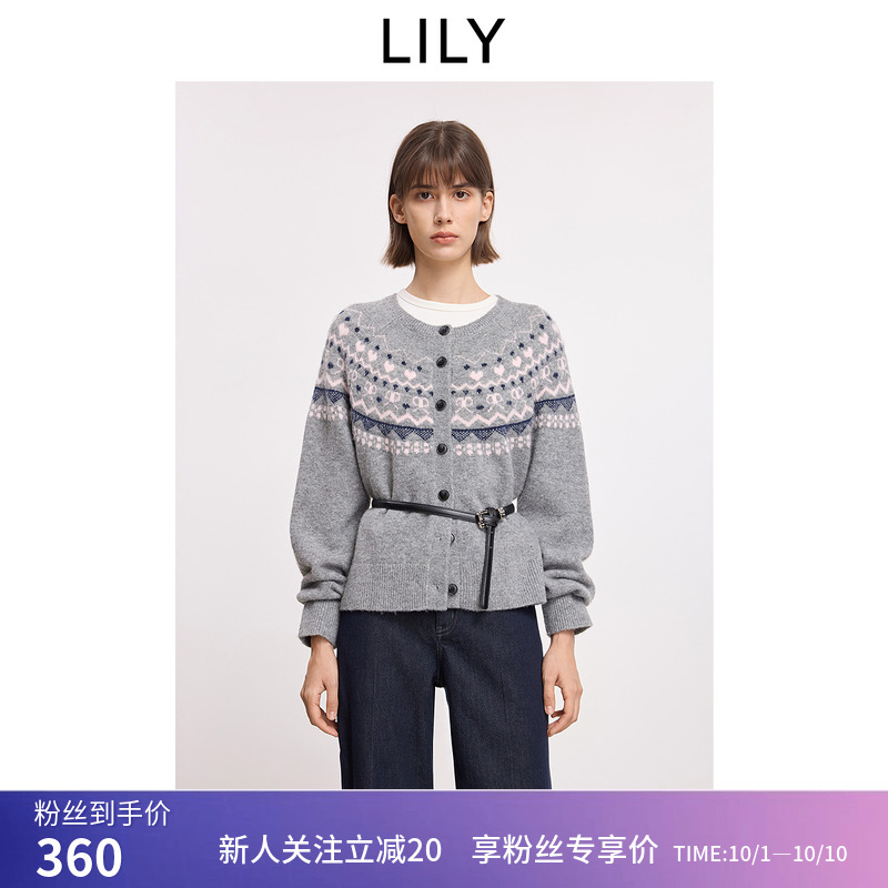 LILY2025冬新款学院风格雷系费尔岛提花含羊毛圆领针织开衫外套女