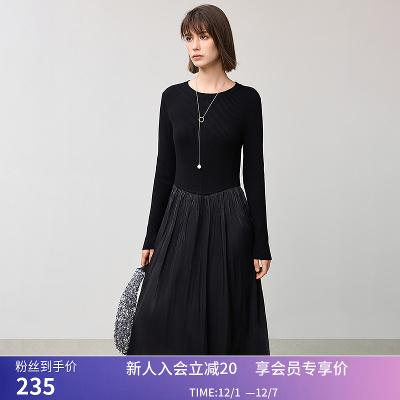 【小黑裙系列】LILY2025春新款女装含绵羊毛拼接收腰纱裙女连衣裙