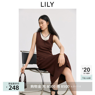 LILY2025春新款亨利领修身收腰百搭通勤咖啡色针织裙背心连衣裙女