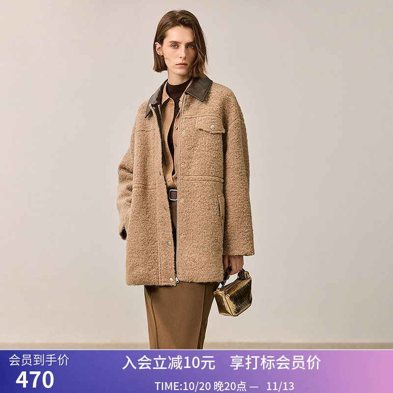 LILY冬新款女装绵羊毛PU拼接翻领休闲宽松廓形百搭毛绒外套女