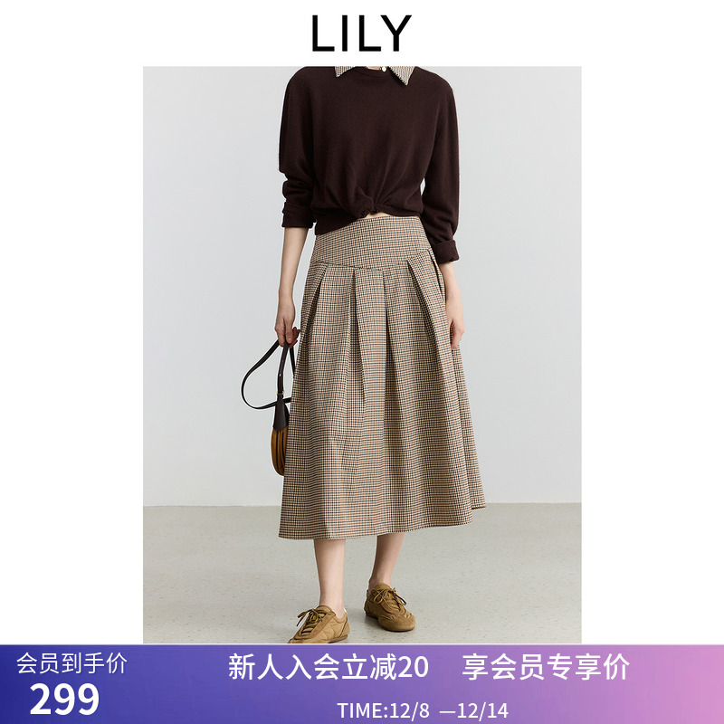 【商场同款】LILY2025秋新款复古格纹气质通勤过膝半身裙女中长款